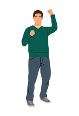 Businessman celebrating success and victory. Winner rejoicing triumph. Flat illustration of happy cartoon young man in smart casual outfit isolated on white background.