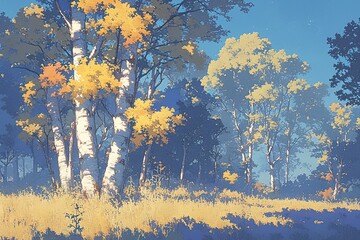 Fall trees with yellow leaves in a field under a blue sky. Use nature illustration