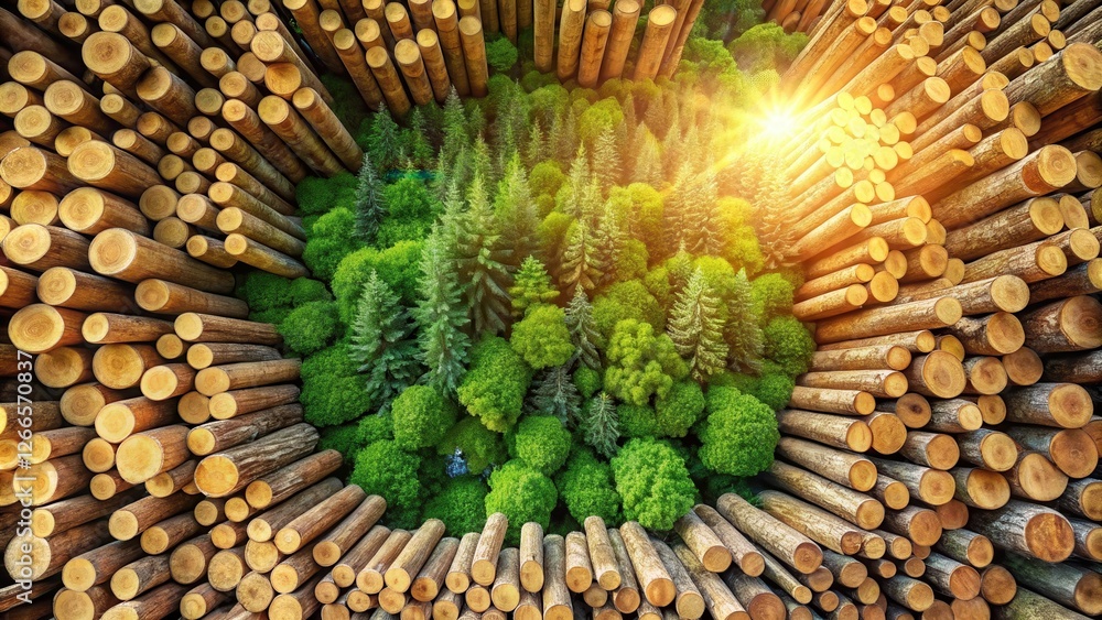 Poster a vibrant forest contrasted with a large pile of stacked logs, symbolizing the delicate balance betw