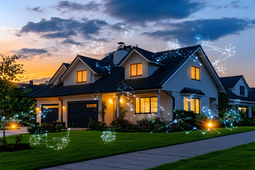 Fototapeta premium Smart Home at Dusk, Networked Exterior, Modern Design, Peaceful Neighborhood, Image for Technology Article, Stock Photo