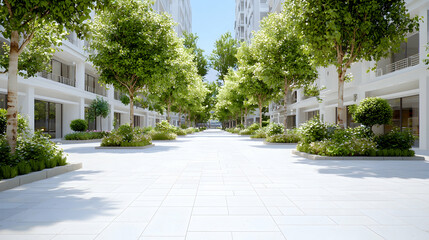 Modern apartment complex walkway, sunny day, green landscaping, city living