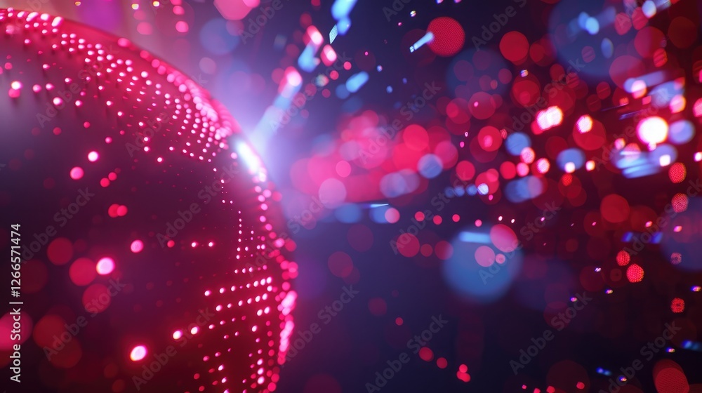 Poster a vibrant, abstract representation of a digital sphere surrounded by shimmering particles and beams 