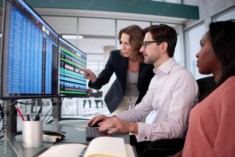 Aufkleber multiracial business team using spreadsheet software