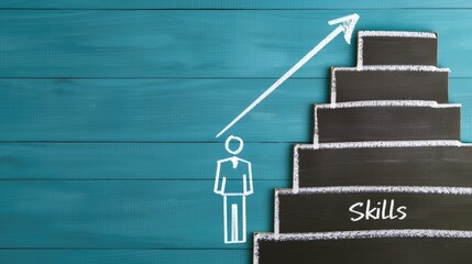 A person stands at the base of ascending steps labeled "skills," symbolizing growth and development through learning and improvement.