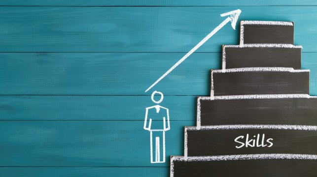 A person stands at the base of ascending steps labeled "skills," symbolizing growth and development through learning and improvement.