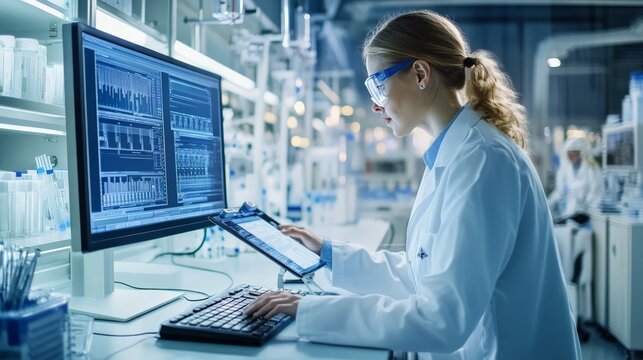 A scientist analyzing data on a computer in a pharmaceutical lab,