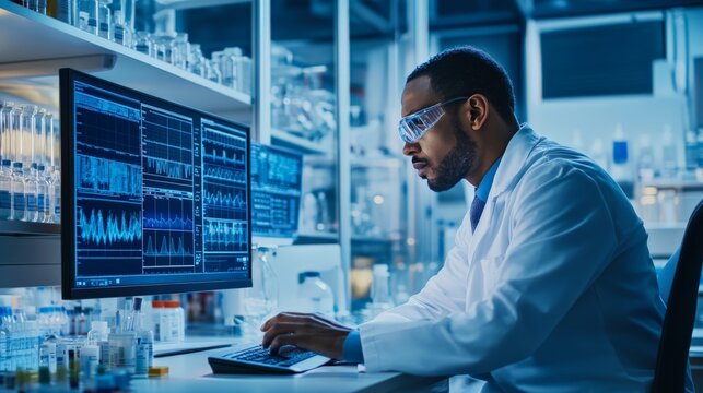 A scientist analyzing data on a computer in a pharmaceutical lab,