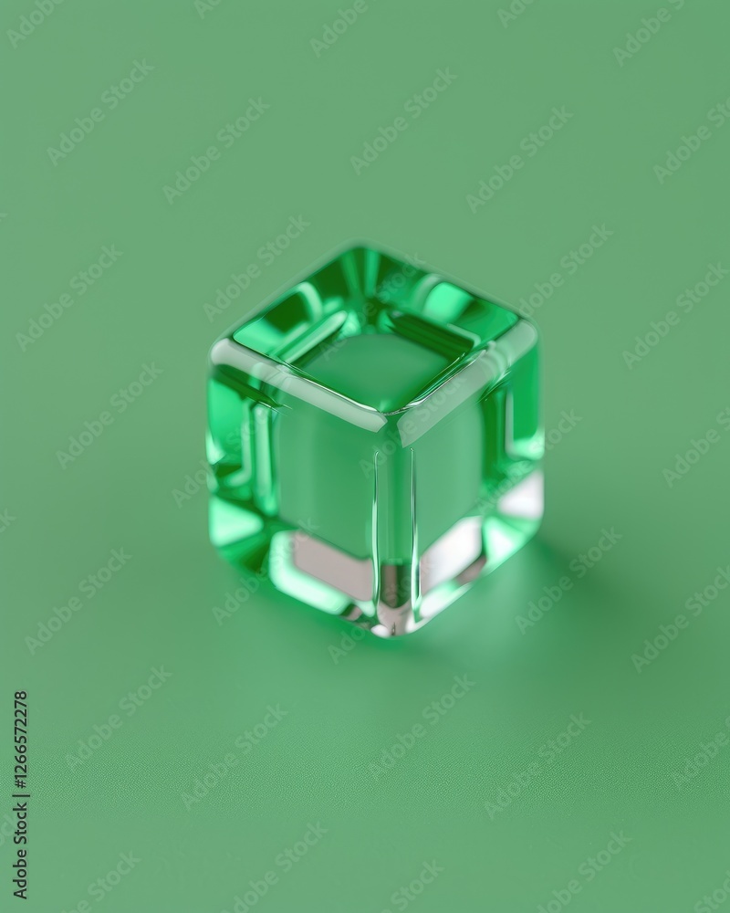 Poster a clear green cube sits centered against a soft green background, highlighting its geometric shape a