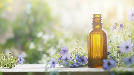 Bottle of nigella oil with a highlighted label placed on a wooden table, showcasing its natural dark color and dropper for precise application