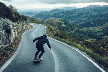 Aerial view of a longboarder cruising down a winding mountain road