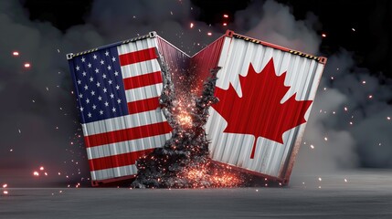 USA and Canada Trade Conflict Tariff Concept with Crashing Shipping Containers