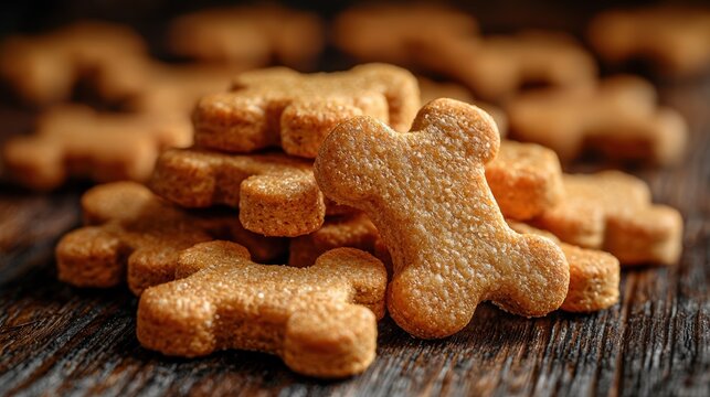 A pile of dog biscuits shaped like bones on a wooden surface.
