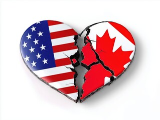 USA and Canada Trade Tension Symbolized by a Cracked Heart with Flags Representing Tariff Dispute