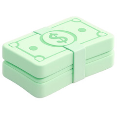 A bundle of mint green toy money with a dollar sign and rubber band.