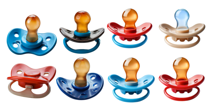 Colorful Baby Pacifiers for Infants in Various Styles and Colors, isolated on transparent background - Powered by Adobe