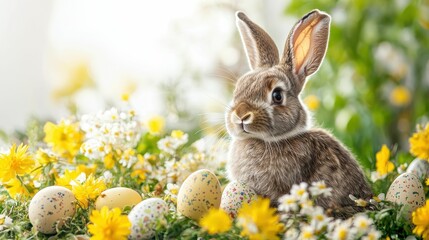 Fototapeta premium Easter Bunny Surrounded by Eggs and Flowers