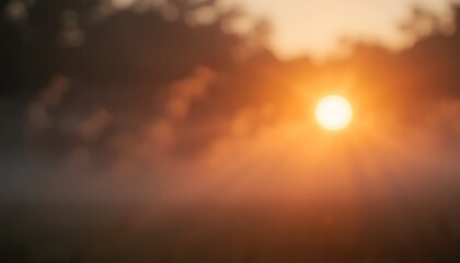 Misty Sunset Landscape with Golden Hour Sun