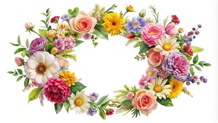 Fototapeta premium Vibrant floral arrangement forming a circular frame, perfect for wedding invitations, greeting cards, or decorative purposes.