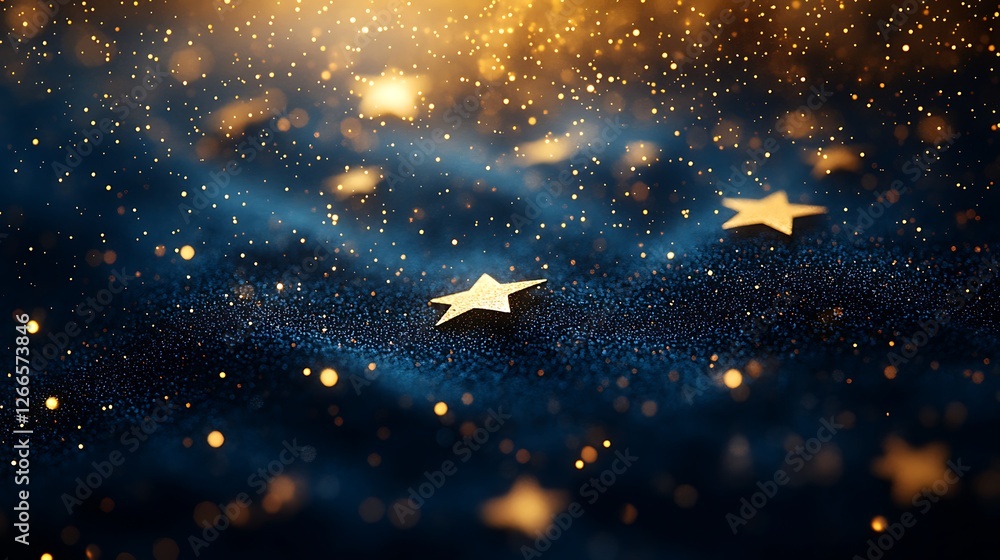Poster a dark blue background with golden stars falling from the sky. the stars have various sizes and shap