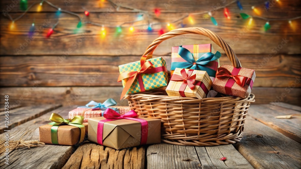 Poster a wicker basket overflowing with festively wrapped presents sits on a rustic wooden surface, illumin
