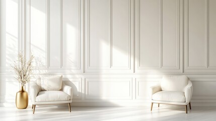 Sunlit white room, two armchairs, vase, wainscoting, interior design