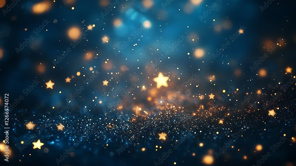 Poster a dark blue background with golden stars falling from the sky. the stars have various sizes and shap
