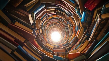 Fototapeta premium Books arranged in a spiral leading up to a bright light, symbolizing the journey of education, success in learning.