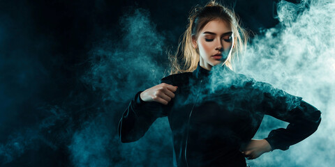 Obraz premium woman in dynamic pose surrounded by dramatic smoke, wearing dark outfit