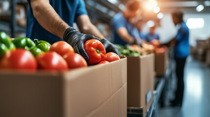 Workers sorting fresh produce in warehouse, focusing on tomatoes and peppers