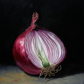 A red onion cut in half which looks delicious on the outside but the innermost layer of the onion is rotten and green. Chiaroscuro style.