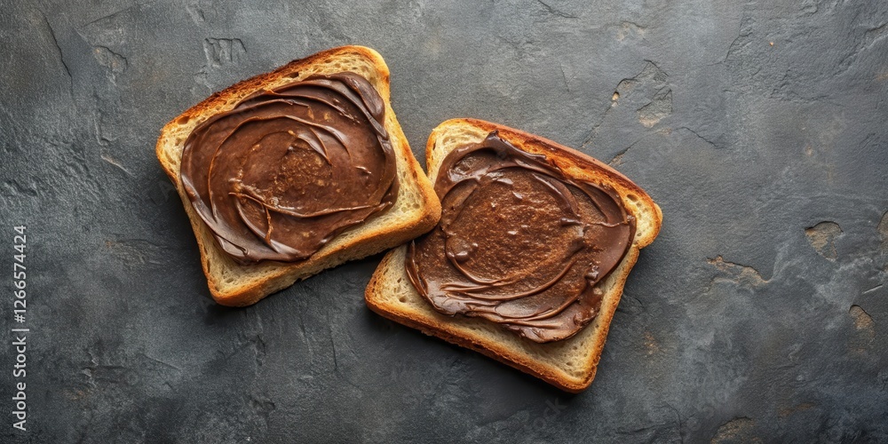 Poster two slices of toasted bread topped with rich chocolate spread on a dark textured surface