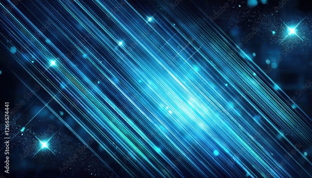 Poster abstract blue glowing light streaks and stars background, dynamic flowing lines, futuristic visual d