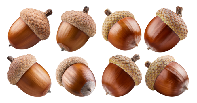 Collection of detailed acorns in various orientations and textures, isolated on transparent background