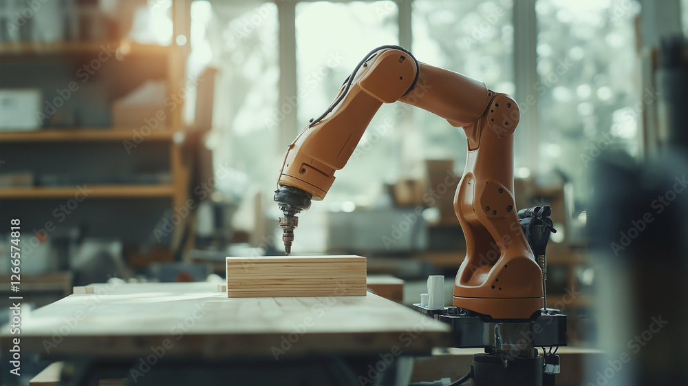 Poster robotic arm guided by ai creates custom wooden sculpture in workshop