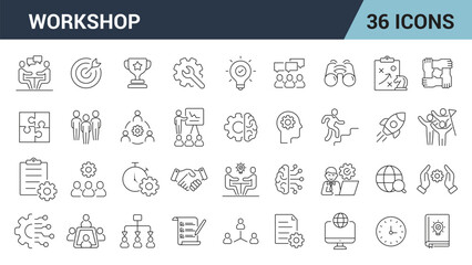 Workshop Line Editable Icons Set. teamwork,  building, team, coaching, meeting, collaboration, education, conference, training, and more. vector illustration.