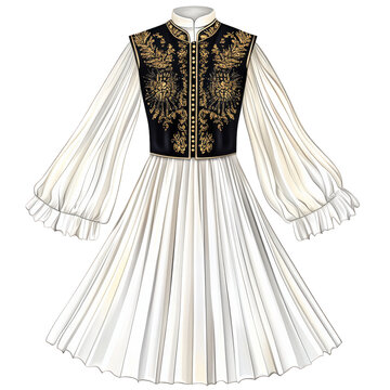 graphic illustration of a traditional Greek fustanella attire, pleated white skirt, black embroidered vest with gold thread, transparent background, PNG
