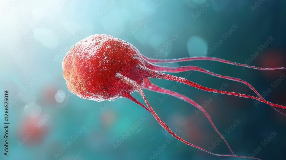 Poster microscopic view of a red cell structure with filaments attached