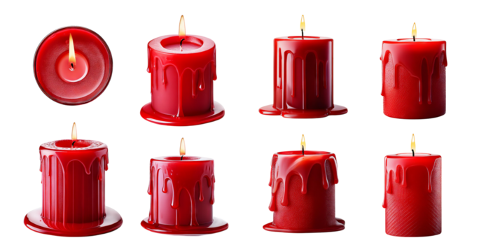 Red Candles with Melting Wax and Flickering Flames for Decoration, isolated on transparent background
