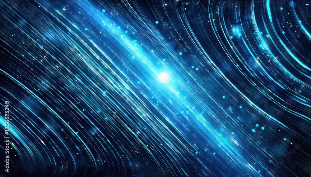 Poster abstract blue glowing light streaks and stars background, dynamic flowing lines, futuristic visual d