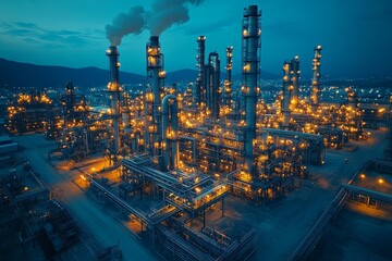 Fototapeta premium A sprawling oil refinery glows under the night sky. Generative AI