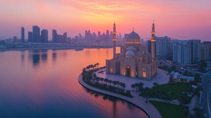 Naklejka premium A serene sunset view of a mosque beside a city skyline and water.