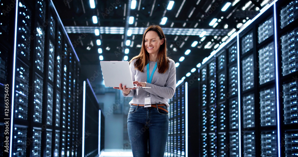 Poster Smiling tech expert setting up artificial intelligence