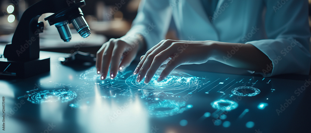 Poster scientist interacts with digital interface in laboratory setting