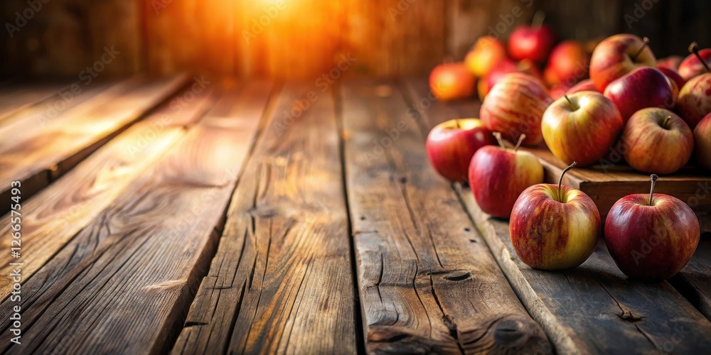 Poster rustic wooden table with a pile of fresh, ripe red apples in soft warm lighting