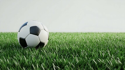 Fototapeta premium Soccer ball on green grass with copy space