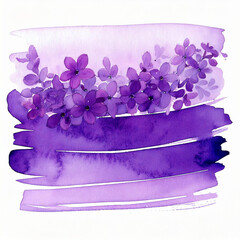 Horizontal Watercolor stroke of purple color with stains and lilac flowers on white background