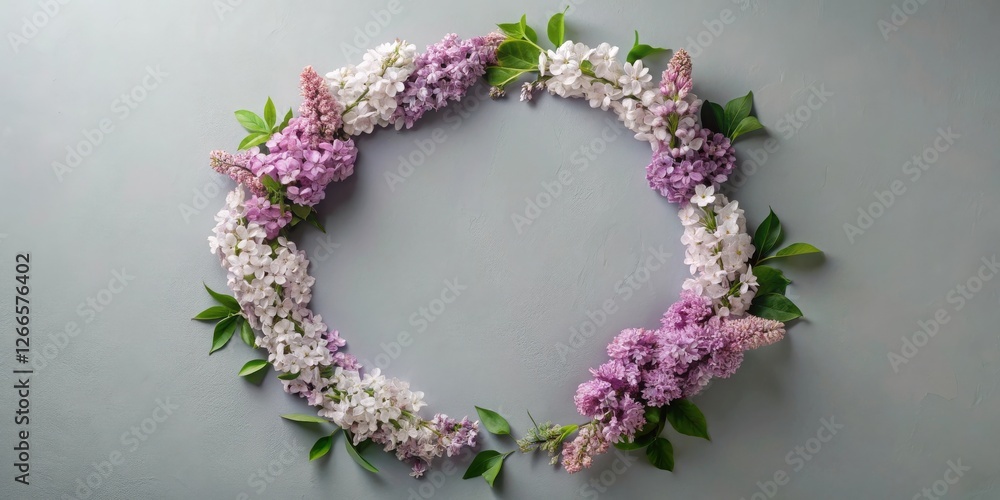 Poster lilac blossoms arranged in a circular frame on a gray background, creating a lovely springtime flora