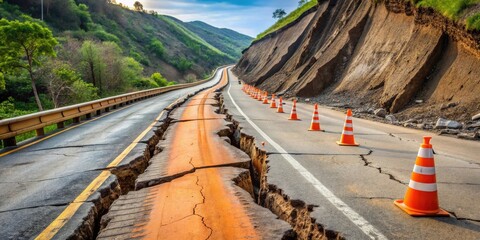 Fototapeta na wymiar Severely Damaged Roadway After a Landslide, Requiring Immediate Repairs and Safety Measures