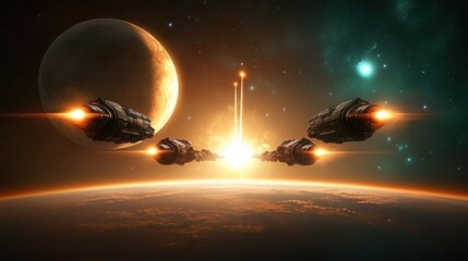 Alien spacecraft launch from planet, sunrise, exploding rockets