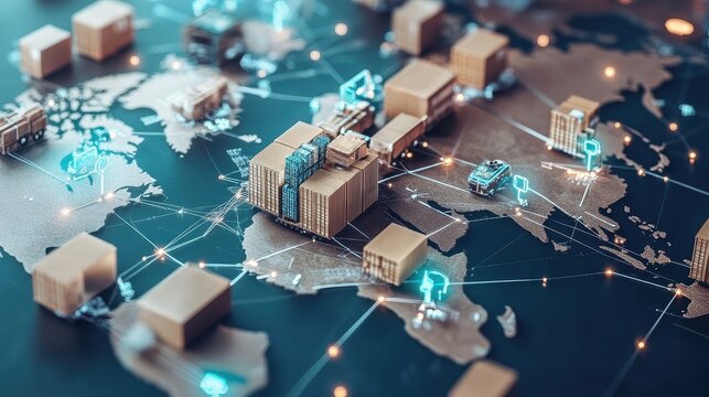 Logistics network flat design side view global supply chain theme 3D render Complementary Color Scheme. 